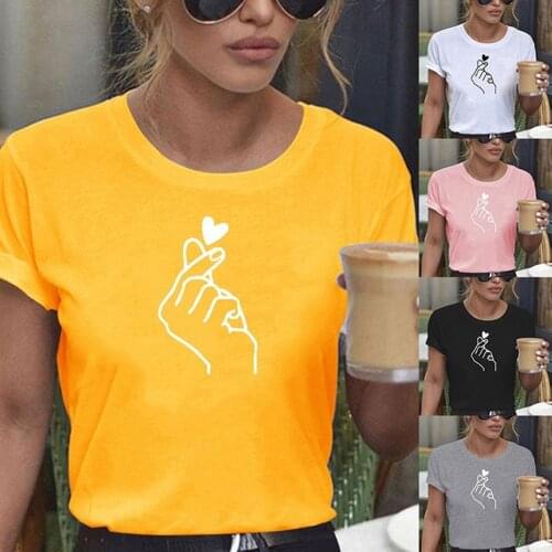 Finger Heart Printed T shirts Summer Womens O Neck Short Sleevee Tee Shirt Tops Cute Lady Tshirt WDC4110