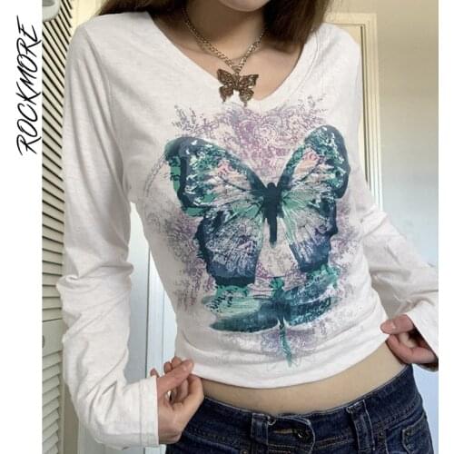 Rockmore Fairy Grunge Butterfly Print T-shirt Women y2k Aesthetic Long Sleeve Top Tee Autumn Casual Vintage Print E Girl T Shirt