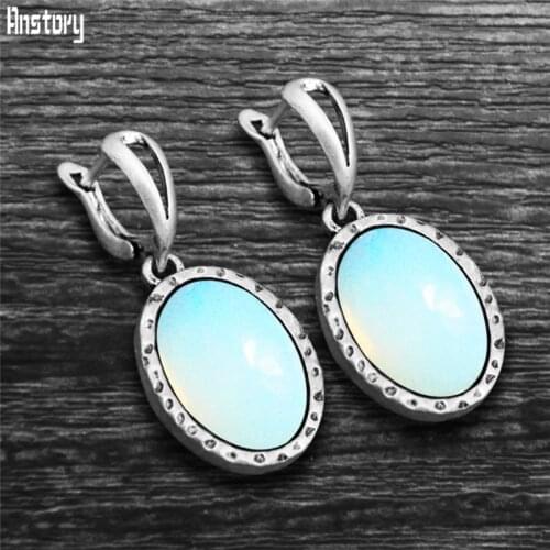 Vintage Quartz Moon Stone Pendant Earrings For Women Antique Silver Plated Natural Stone Tigere Eye Unakite Fashion Earring