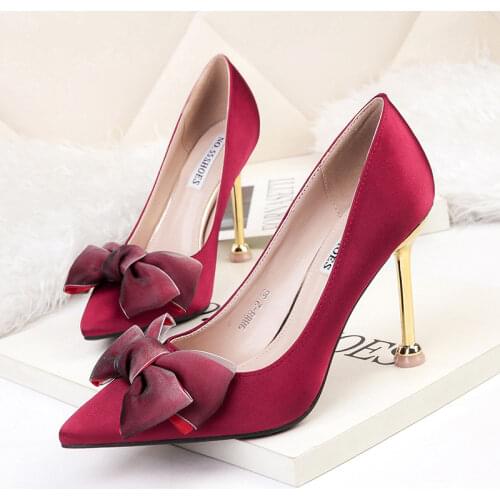 NEW 9.5CM PUMPS Pointed sexy high heel stiletto bow womens singles shoes satin was thin professional OL womens shoes