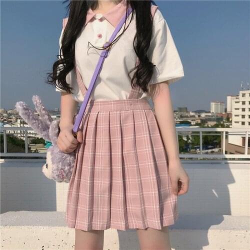 Japanese college POLO collar short sleeve T-shirt + high waist wild plaid pleated strap skirt suit lolita dress women kawaii