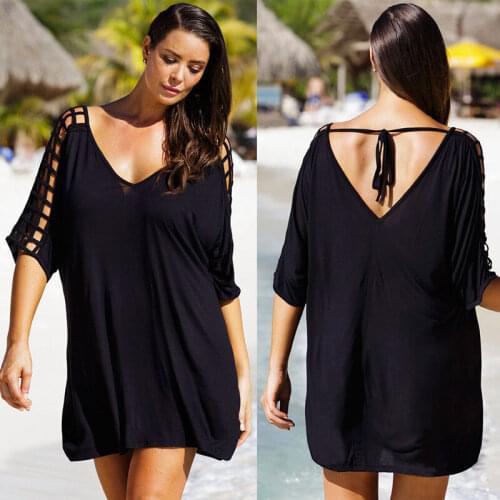 Plus Size Women V-Neck Hollow Out Swimwear Beachwear Women Bikini Beach Wear Cover Up Kaftan Ladies Summer Black Beach Dresses