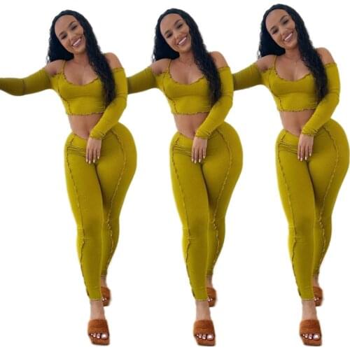 2021 New Autumn Arrival Tracksuit Women’s Two Piece Outfits Long Sleeve Off Shoulder Patchwork Crop Top and Pants Set Tracksuit