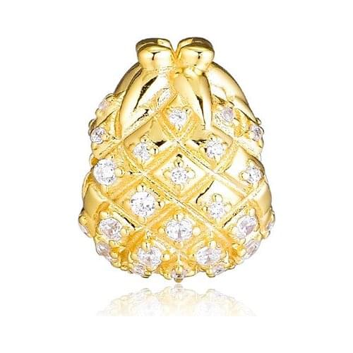 Golden Shine Pineapple Beads for Jewelry Making Spring 925 Sterling Silver Charm Beads for Bracelets Clear CZ DIY 2019 Jewelry