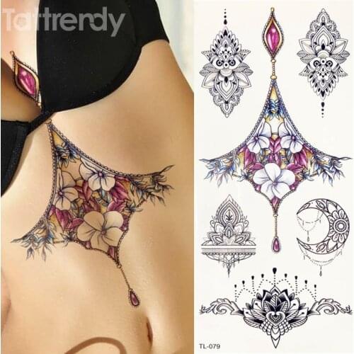 1 sheet Women Sternum Jewelry Tattoo Temporary Body Chest Waist Art Tattoo Sticker Cool Sexy Choker Pendant Under breast designs