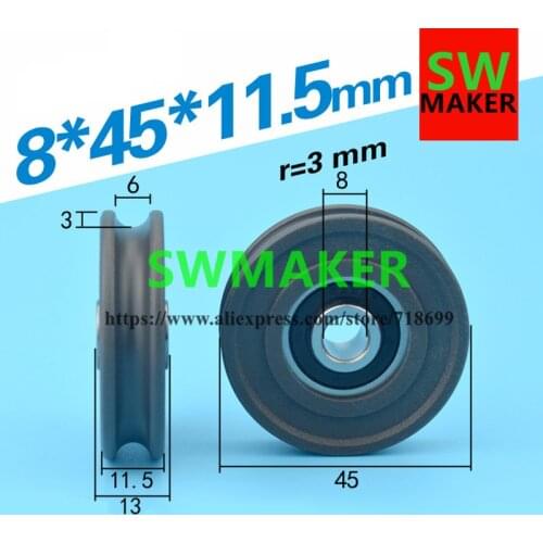 8*45*11.5mm groove, U groove, wrapped plastic pulley, nylon rope, 6mm diameter, over wire pulley bearing