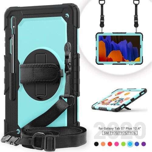 For Samsung Galaxy Tab S7 Plus Case SM-T970 T975 T976 12.4 inch With Pen Holder Shockproof Kids Safe Stand Case Shoulder Strap