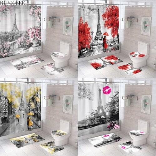 Eiffel Towert Lover Shower Curtain Bathroom Curtains for Washroom Decoration Paris Landscape Bath Mat Toilet Cover Anti-slip Rug