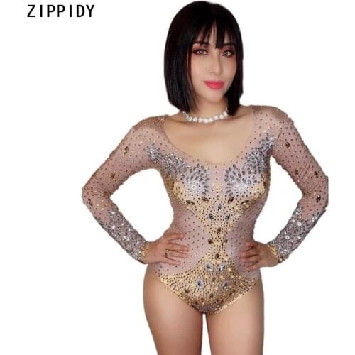 Sparkly Gold Silver Stones Bodysuit Birthday Celebrate Nude Spandex Outfit Female Singer Show Wear Prom Party Costume