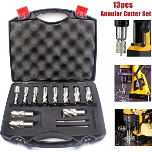 Annular Cutter Set 13pcs 3/4 Inch Weldon Shank 7/16 to 1-1/16 for Drill Press HSS Standard Kit Two Flat with 2 Pilot Pins