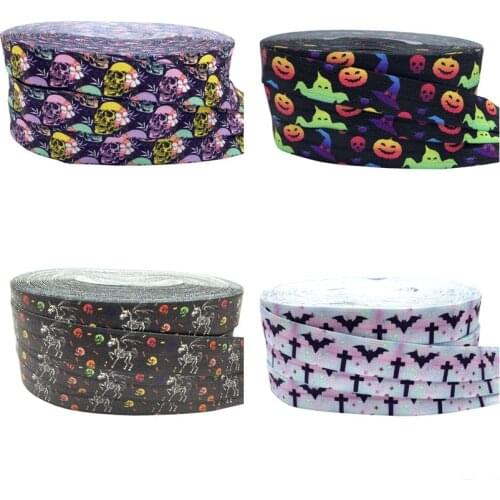Halloween Print Fold Over Elastic FOE Ribbon Headwear Party Gift Packaging Sewing Home Decoration Accessories 10Y 5/8