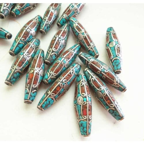 Nepalese Hand Beads Long Shuttle bullet bead Inlaid Colorful Stone NBB271