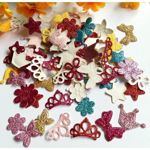 100pcs/lot New Mixed Glitter Leather Glitter Felt Crown Flowers Butterfly Bow Star Supply Birthday Applique DIY Accessories