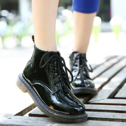New Plus Size Patent Leather Boots Women School Style Lace Up Shoes For Girls Red Black Motorcycle Ankle Boots