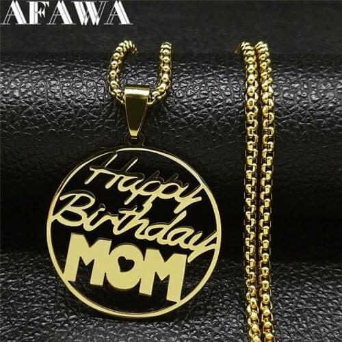 Stainless Steel Happy Birthday Mom Chain Necklace Women/Men Round Gold Color Necklace Jewelry joyeria acero inoxidable N4519S05