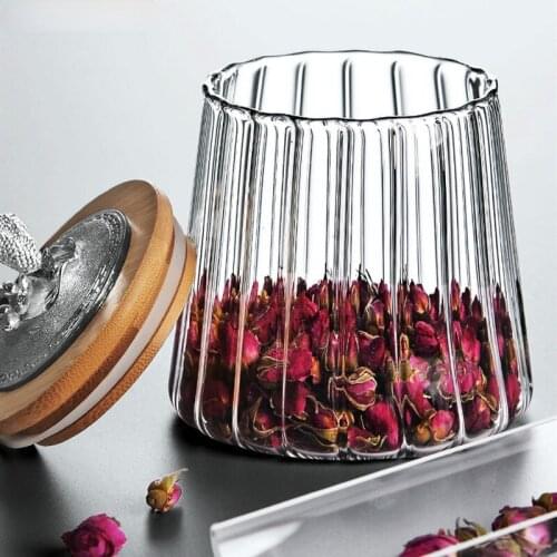 Transparent sealed pot glass teapot silver cover flower tea box bamboo cover portable storage tank finishing box canister set