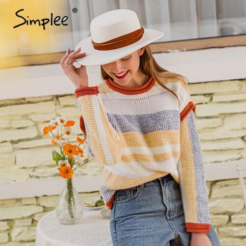 Simplee Contrast stripe pullover Knitted Autumn winter crew neck long sleeve top High street style mixed color fashion sweater