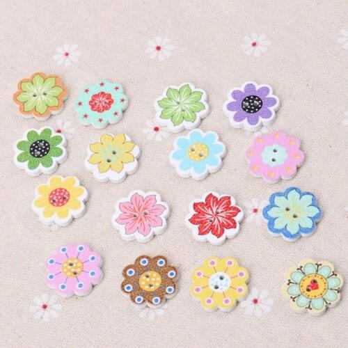 Mix Color Cartoon Flower Wooden Buttons Botones Handmade Accessories Decoration Sewing Scrapbooking Crafts Diy 24x25mm 20pcs