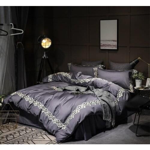 Luxury Lace 100S Egyptian cotton Royal Bedding sets Queen King size Duvet cover Bed sheet set Pillowcase 4pcs Dark grey blue
