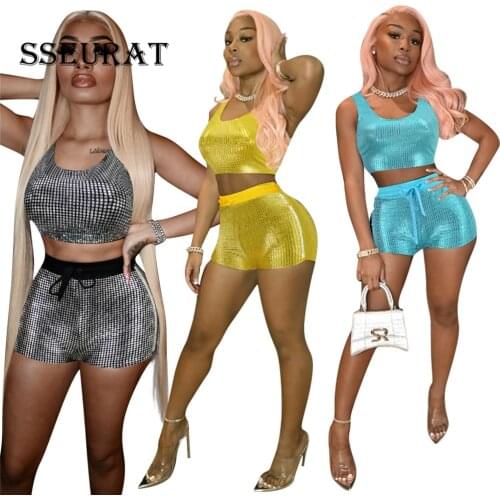 SSEURAT Sparkling Gilding Two Piece Set Women Tracksuit Sleeveless Tank Top Vest Shorts Night Club Suit Female Fashion Outfits