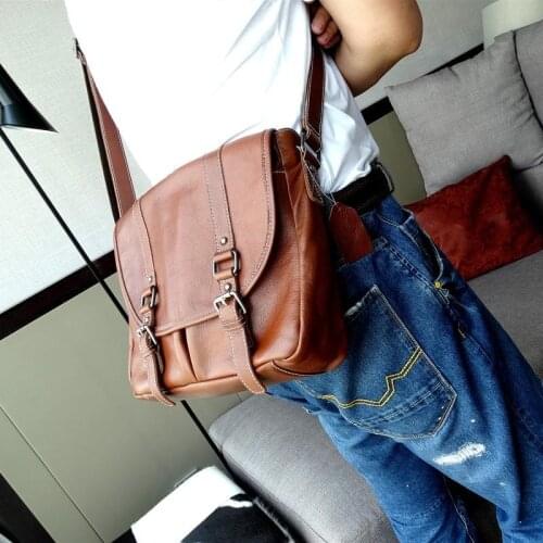 Men Leather Genuine Vintage Messenger Bag Retro Buckle Business Man Work Satchels Shoulder Crossbody Bags Big Capacity Sling Bag