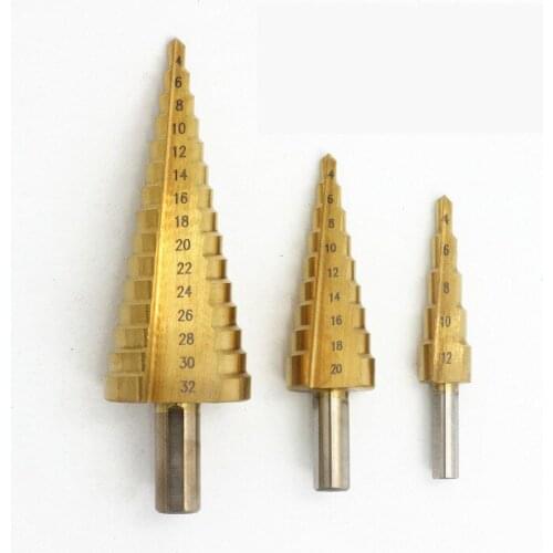 Drill Bit Hss Titanium Coated Step Cone Metal Hole Cutter 4-12/20/32mm Metal Hex Tapered Drill Power Tools Accessories
