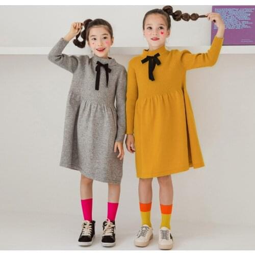 Princess bowknot long sleeve sweater A-line kids dress girls 8 10 12 years autumn winter 2019 Korean style children clothing