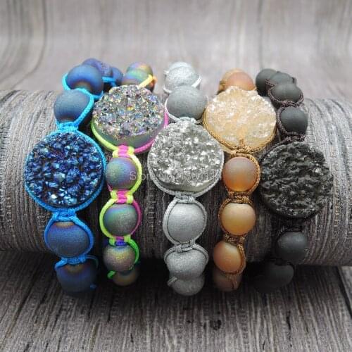 Titanium Colors Agat e Druzy Round Flat Beads 8mm Frosted Beads Hand Knitted Bracelets Approx 8 Inch