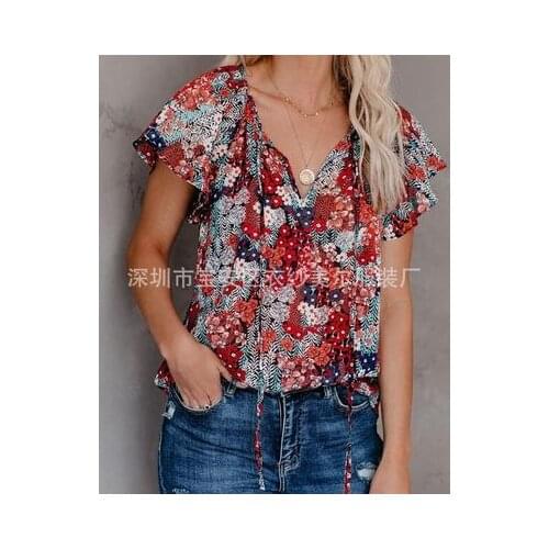 New Summer Women Neckline Lace Up Floral Print Shirt V-neck Short Sleeve Fashion Sexy T-shirt Women