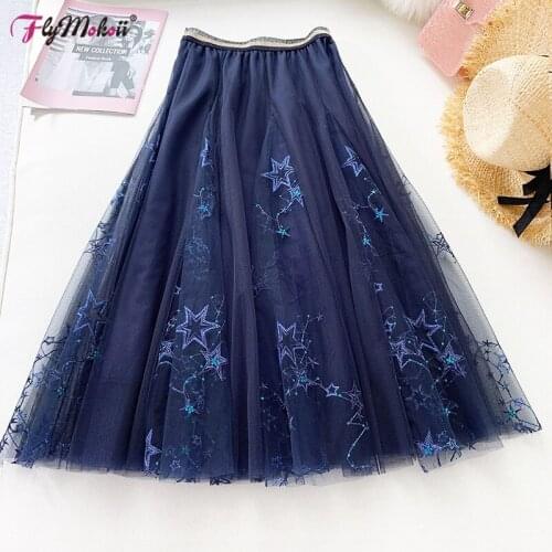 Summer Elegant Stars Embroidery Fairy Maxi Long Skirt Women Plus Size Elastic High Waist Midi Tulle Mesh Pleated Skirts
