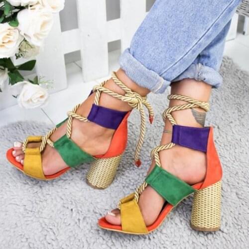 2020 New Summer Multicolor Lady Cross-tied Heel Sandals Peep Toe Boots Woman Hight Block Heels Chunky Sandals Lace Up Pump Shoes