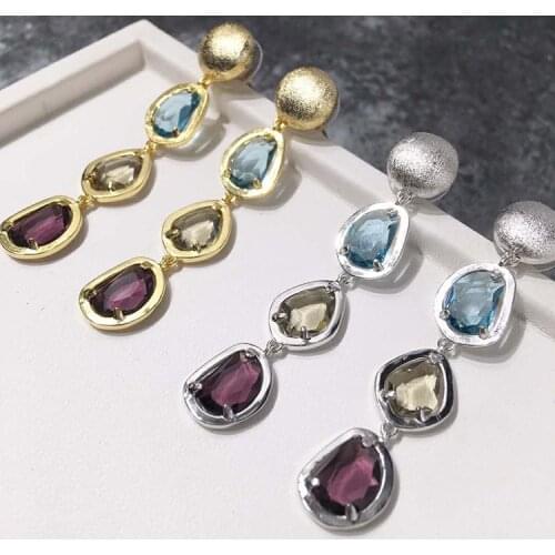 New Luxury Charms Mixed 3 Colors Water Droplets Real Crystal Long Style Drop Earrings Famous Jewelry for Women
