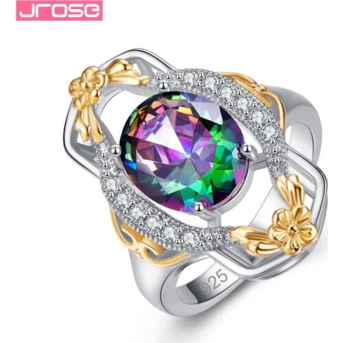 JROSE Wedding Band Elegant Flower Jewelry Rainbow & Red & White Cubic Zircon Silver Women Ring Size 6 7 8 9 Anniversary Gifts