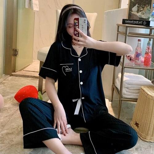 2021 Summer Short Sleeve Long Pants Cotton Pajama Sets for Women Korean Sleepwear Suit Pyjama Homewear Pijama Mujer Home Clothes