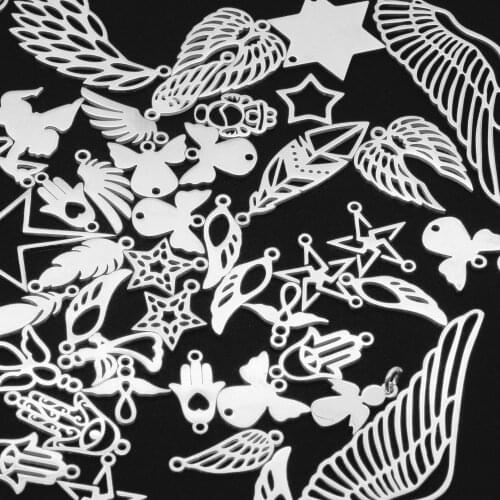 50pcs/lot Mix Designs Stainless Steel Angel Wing Hamsa Hand DIY Pendant Charms Connector Wholesale Never Fade Connectors