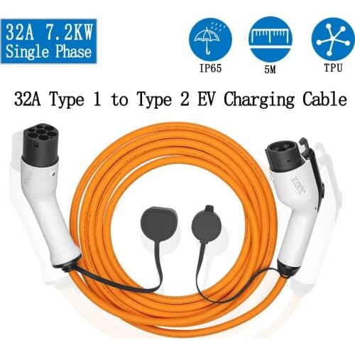 Car Accessories 32A Singele Phase 7.2kW EV 5 Metres Orange Cable Type 2 to Type 1 J1772 for Electric Vehicle Charging Station