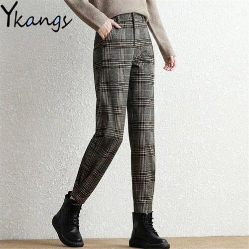 Wool Plaid Vintage Button Back Elastic High Waist Pencil Pants Pockets Office Lady Autumn Winter Harem Pants Boyfriend Trousers
