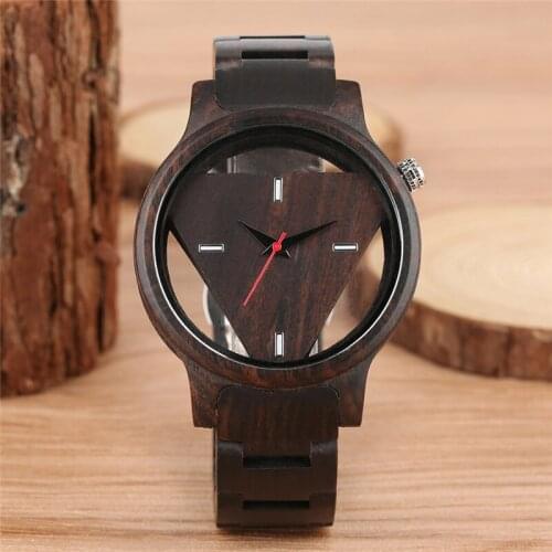 Antiquee Ebony Wood Hollow Triangle Design Men Watches Casual Sport Quartz Analog Movement Full Wooden Bangle for Mans reloj