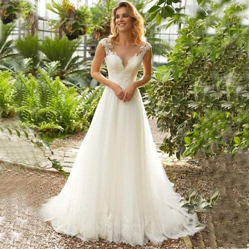 Eightale Boho Wedding Dress Scoop Cap Sleeves Appliques Lace Wedding Gowns A-Line Train Bride Dress vestido de noivas 2019