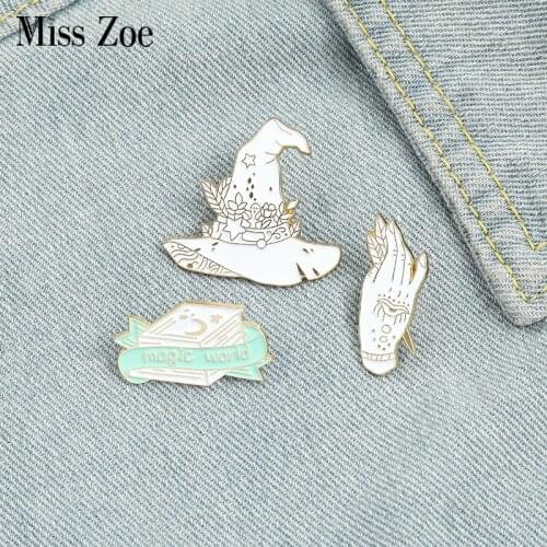 Magic World Enamel Pins Custom Witch Book Hat Hand Brooches Shirt Lapel Badge Bag Wizard Jewelry Gift for Kids Friends