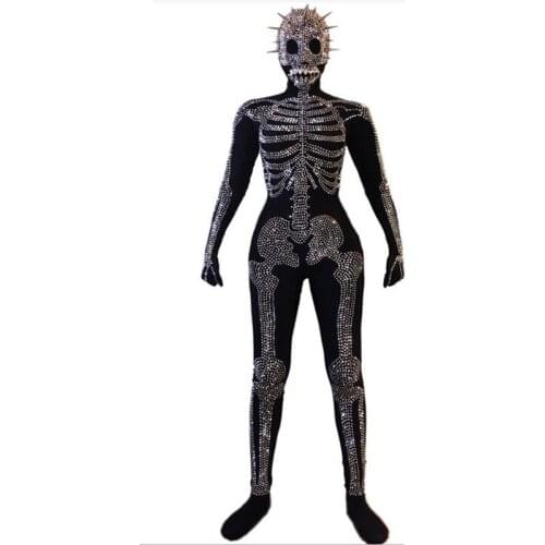Halloween New Black Terror Shiny Rhinestones Skeleton Jumpsuit Long Sleeve Celebrate Party Prom Men Women Outfit Stage Set