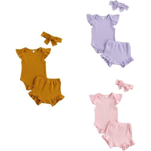 3Pcs Newborn Summer Outfits, Baby Girls Solid Color Ribbed O-Neck Fly Sleeve Romper + Ruffle Shorts + Bowknot Headband, 0-18M