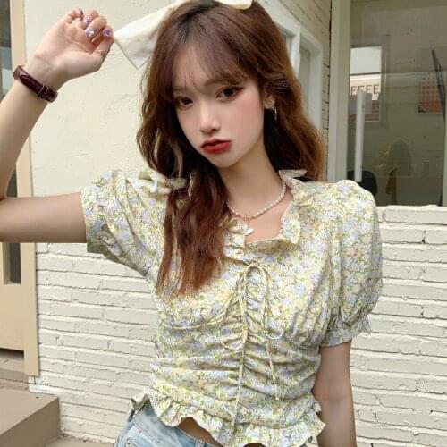 Summer new style puff sleeve shirt all-match lace stitching short-sleeved hollow top blouse female