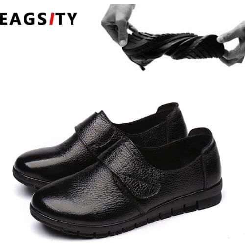 EAGSITY Genuine Leather women casual shoes loafers slip on round toe comfortable walking outdoor ladies shoes footwear