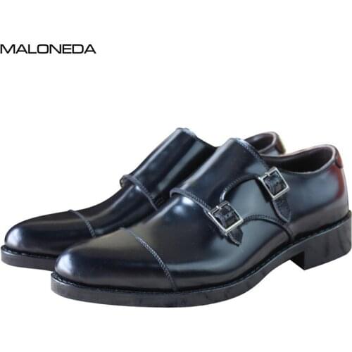 MALONEDA Mens Handmade Goodyear Genuine Patent Leather Formal Dress Shoes Monk Strap Black Color Bespoke for Wedding