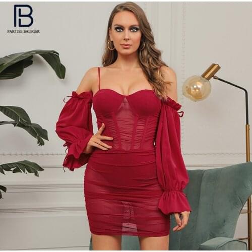 PB Trendy Mini Dress Flared Sleeves Sexy Off Shoulder Draped Design Celebrity Party Club Vestido Free Shipping