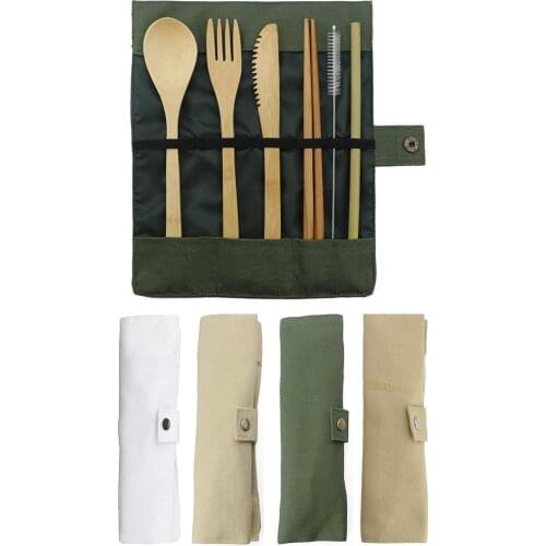 7-Piece Wooden Flatware Cutlery Set Bamboo Straw Dinnerware Set With Cloth Bag Knives Fork Spoon Chopsticks Travel Wholesale