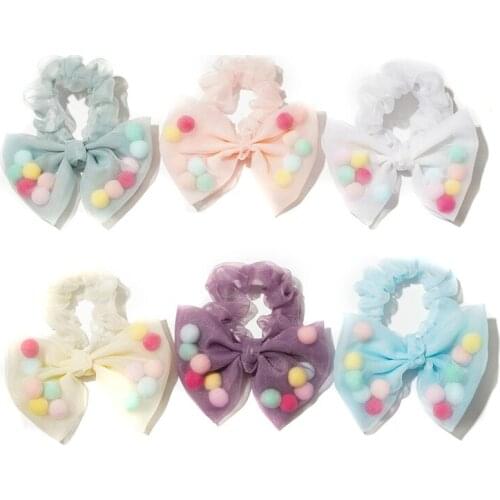 2020 New Korean Style Girls Hairband Funny Designs Fur Ball Inside Teens Hair Scrunchies Bow Knot Organza Hair Scrunchies