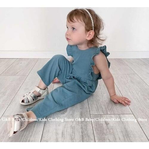 Baby Girls Clothes Long Pure Color Breathable Sleeveless Spring Summer 2021 Cotton Linen Overalls Jumpsuit Pants For Children