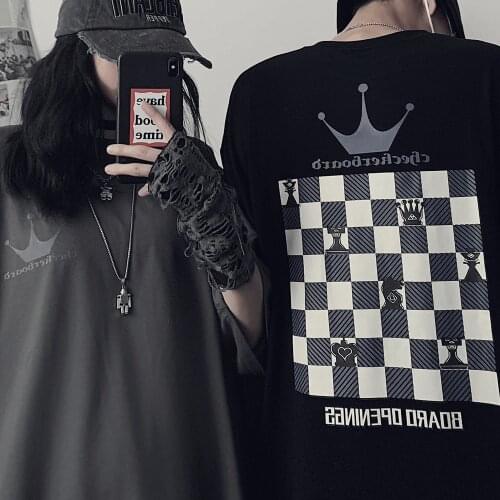 Original Harajuku style loose oversize crown checkerboard plaid printed short-sleeved T-shirt all-match